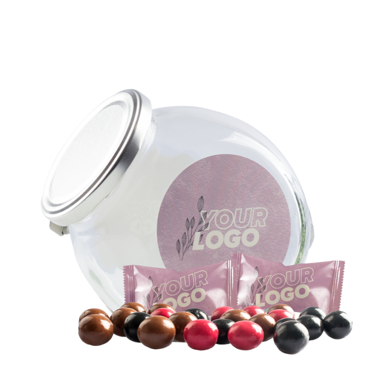 Klassisk Glaskrukke - Choko Kugler i logofolie (MIDI)